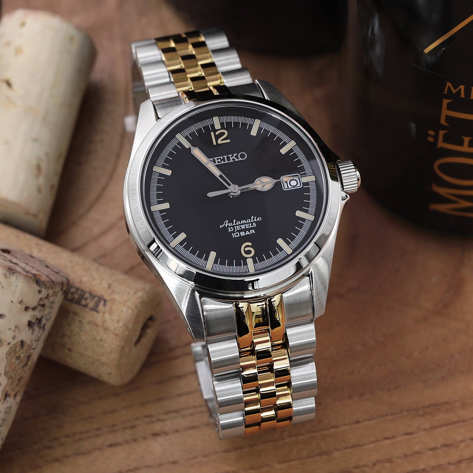 سوار ساعة أنغوس-جي لويس جوب 20 مم متوافق مع سيكو ميكانيكي أوتوماتيك SARB033، من الفولاذ المقاوم للصدأ 316L بلونين مع إبزيم SUB مطلي بالذهب IP