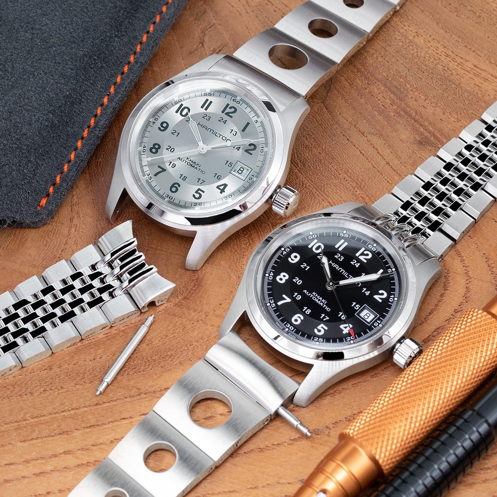 Hamilton Khaki Field Military Watch Series and fitted stainless steel watch bands by Strapcode