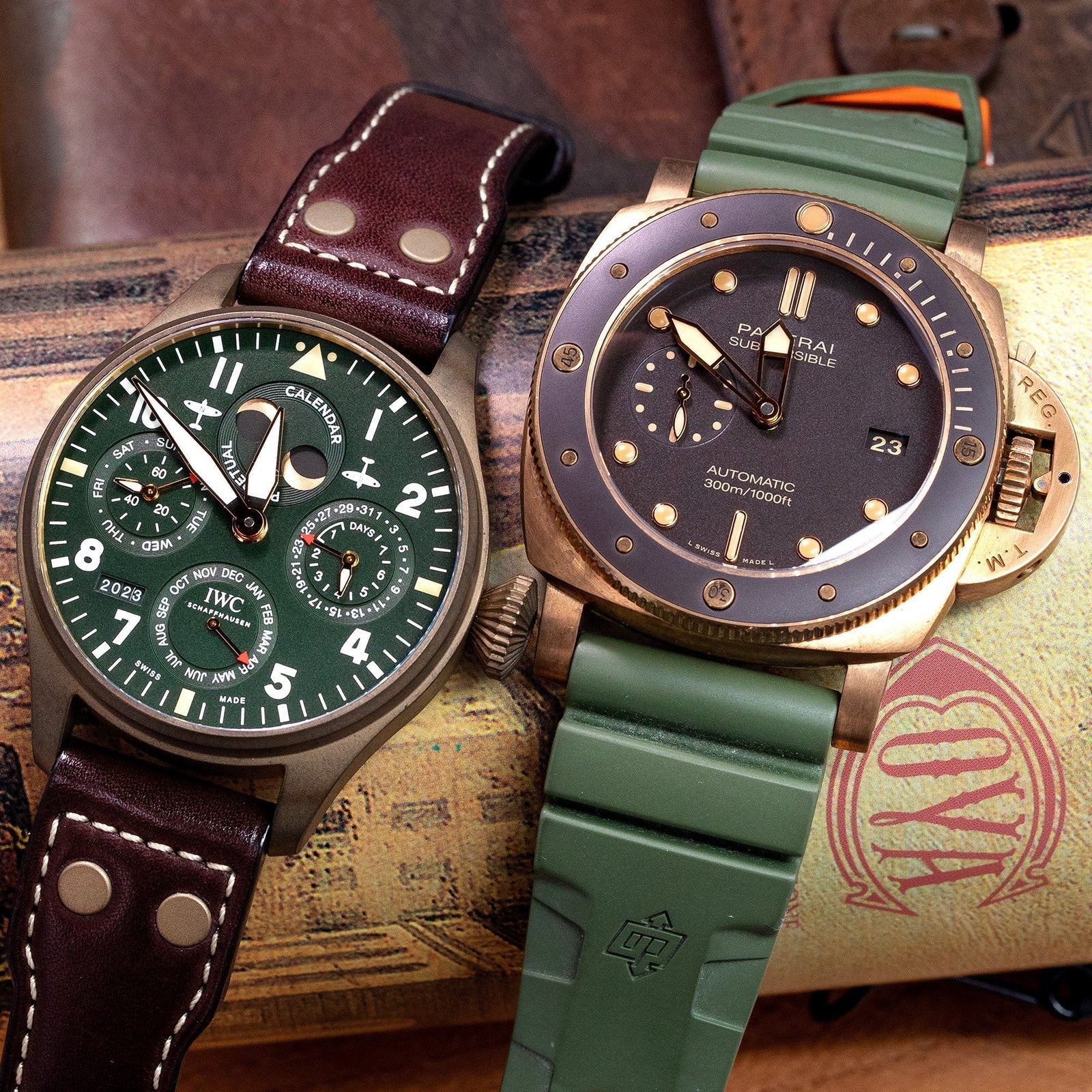 Two Bronze watches : IWC Big Pilot's Watch Perpetual Calendar Spitfire IW503601 and the Panerai Submersible Bronzo PAM 968 by Strapcode watch bands