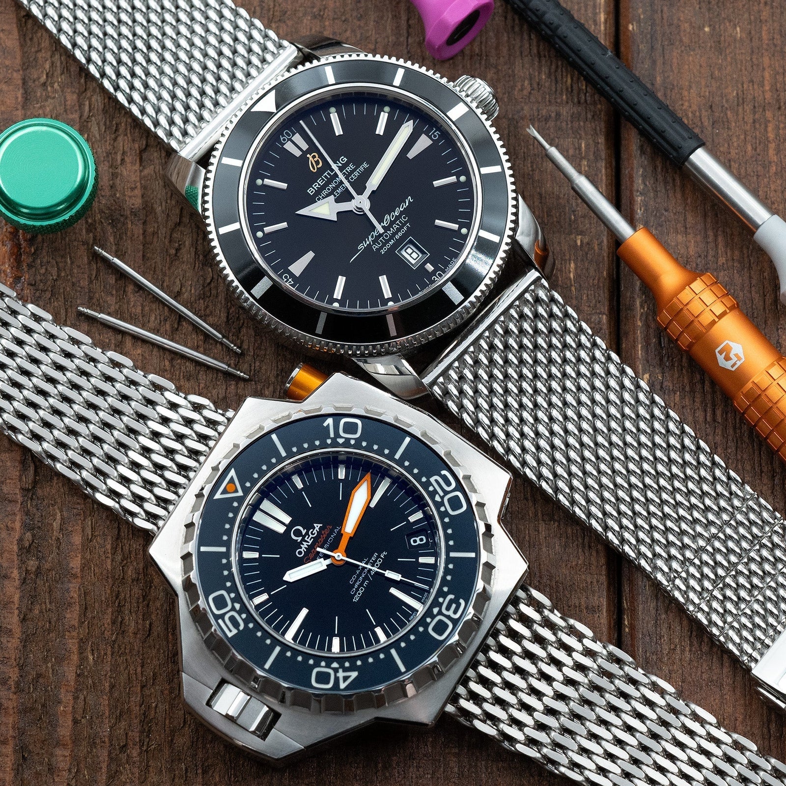 Mesh watch bands paired with Omgea Ploprof 1200m and Breitling Superocean