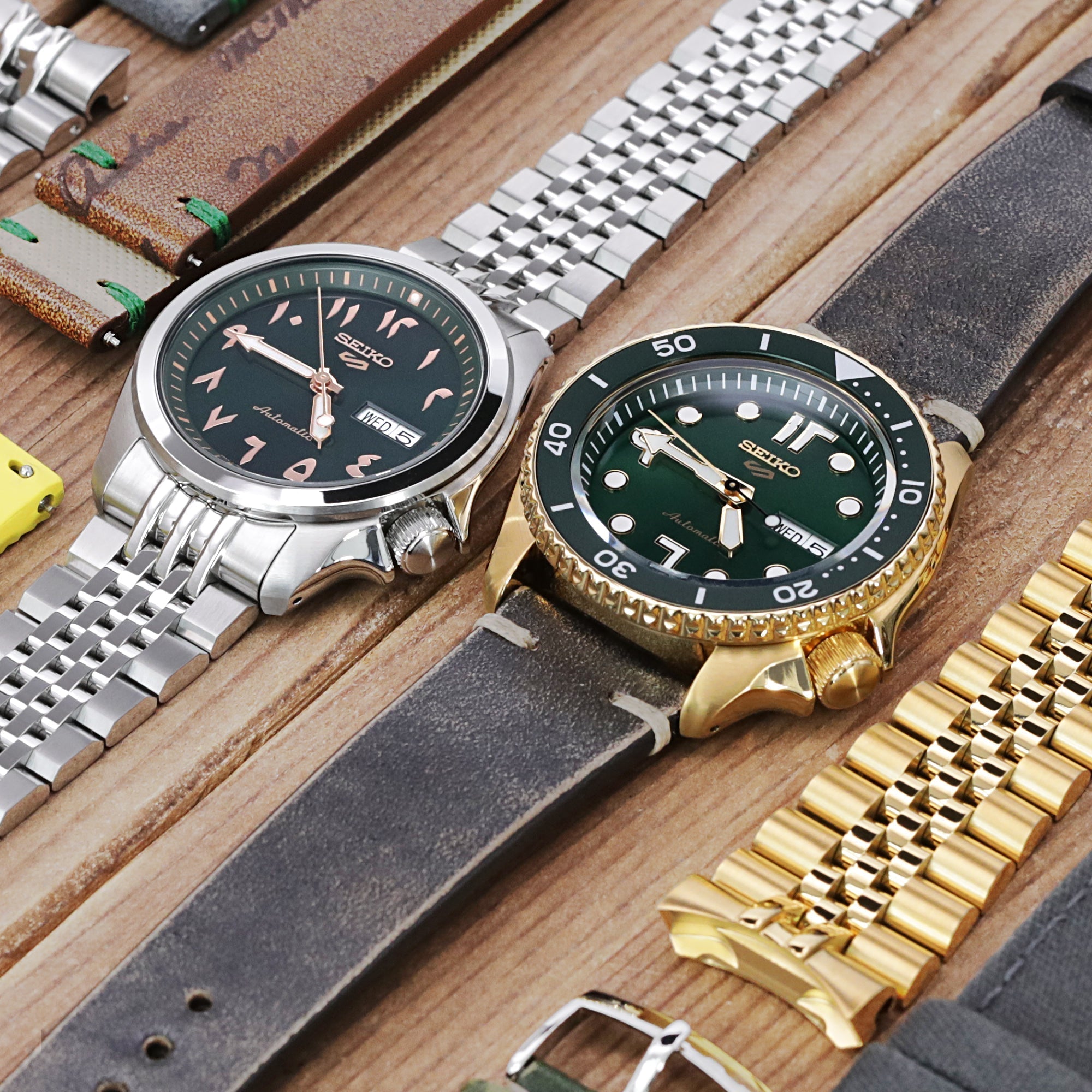 Seiko Arabic Dial Green Watch, Two Special Seiko 5 Models