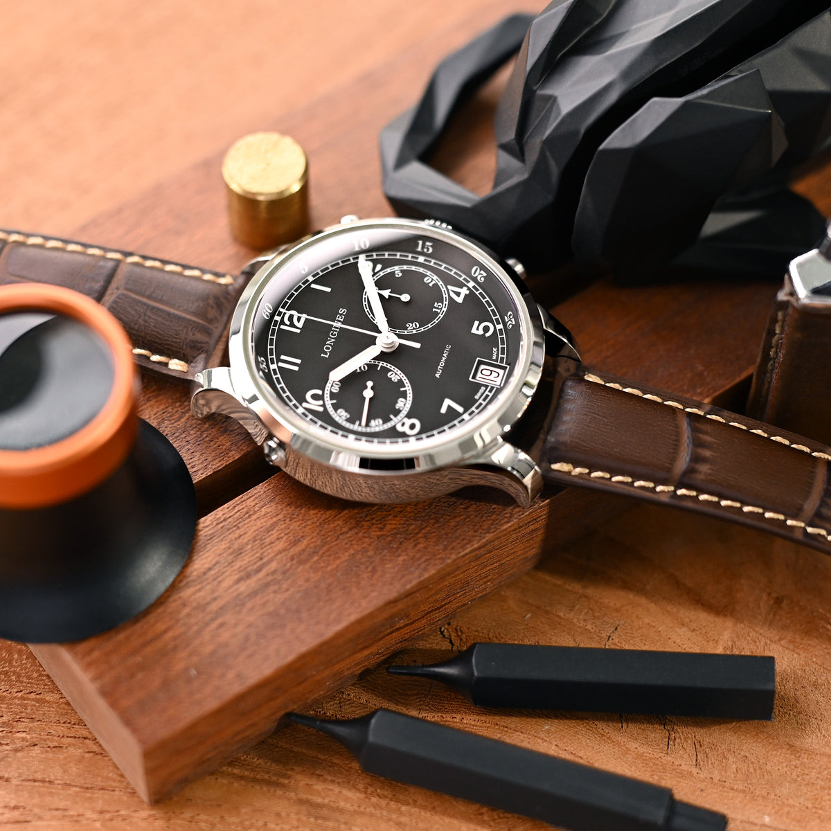 Q.R. 19mm or 21mm Dark Brown CrocoCalf (Croco Grain) Semi-Curved Watch Band, Beige Stitch.