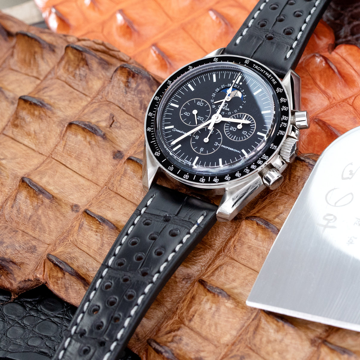 Omega Speedmaster Professional Moonphase 3576.50.00 alligator watch band by Strapcode