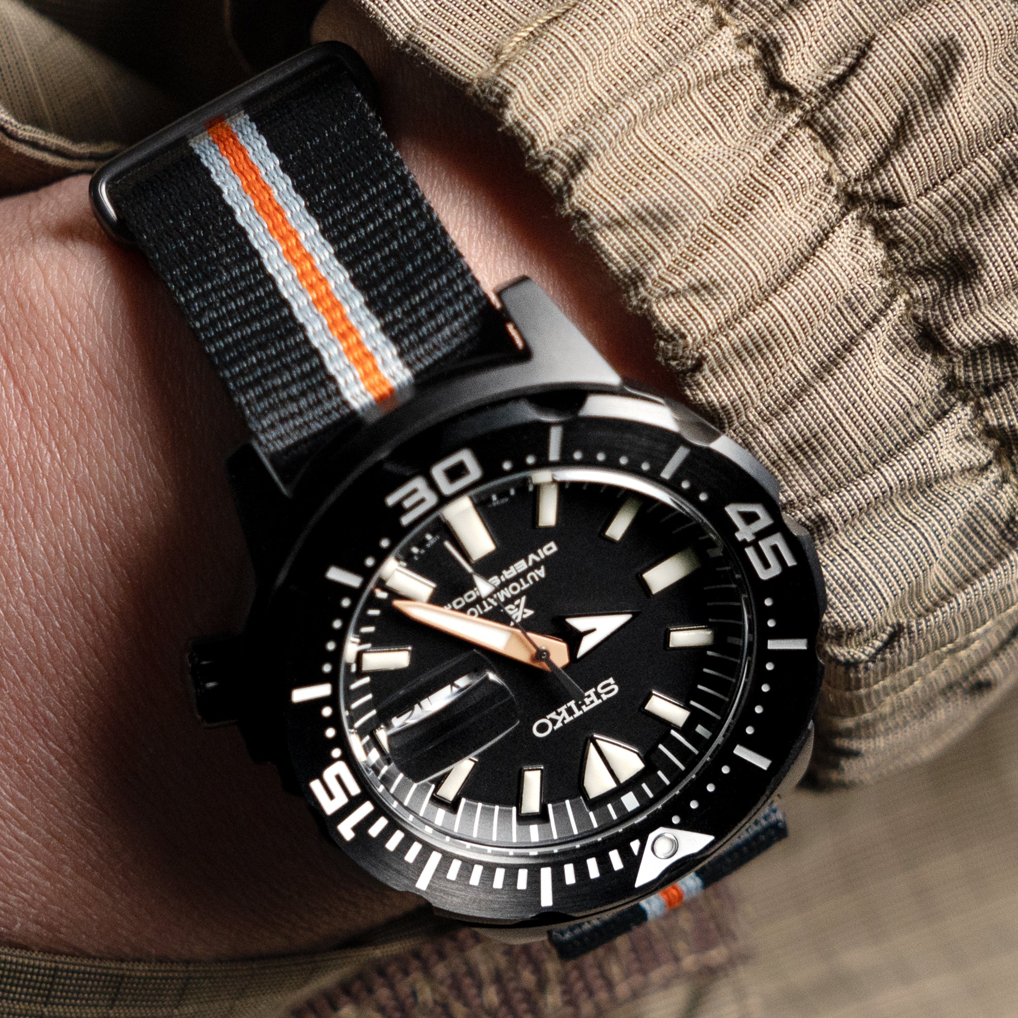 Nato 20mm James Bond Black+Grey+Orange Watch Band - IP Black Buckle