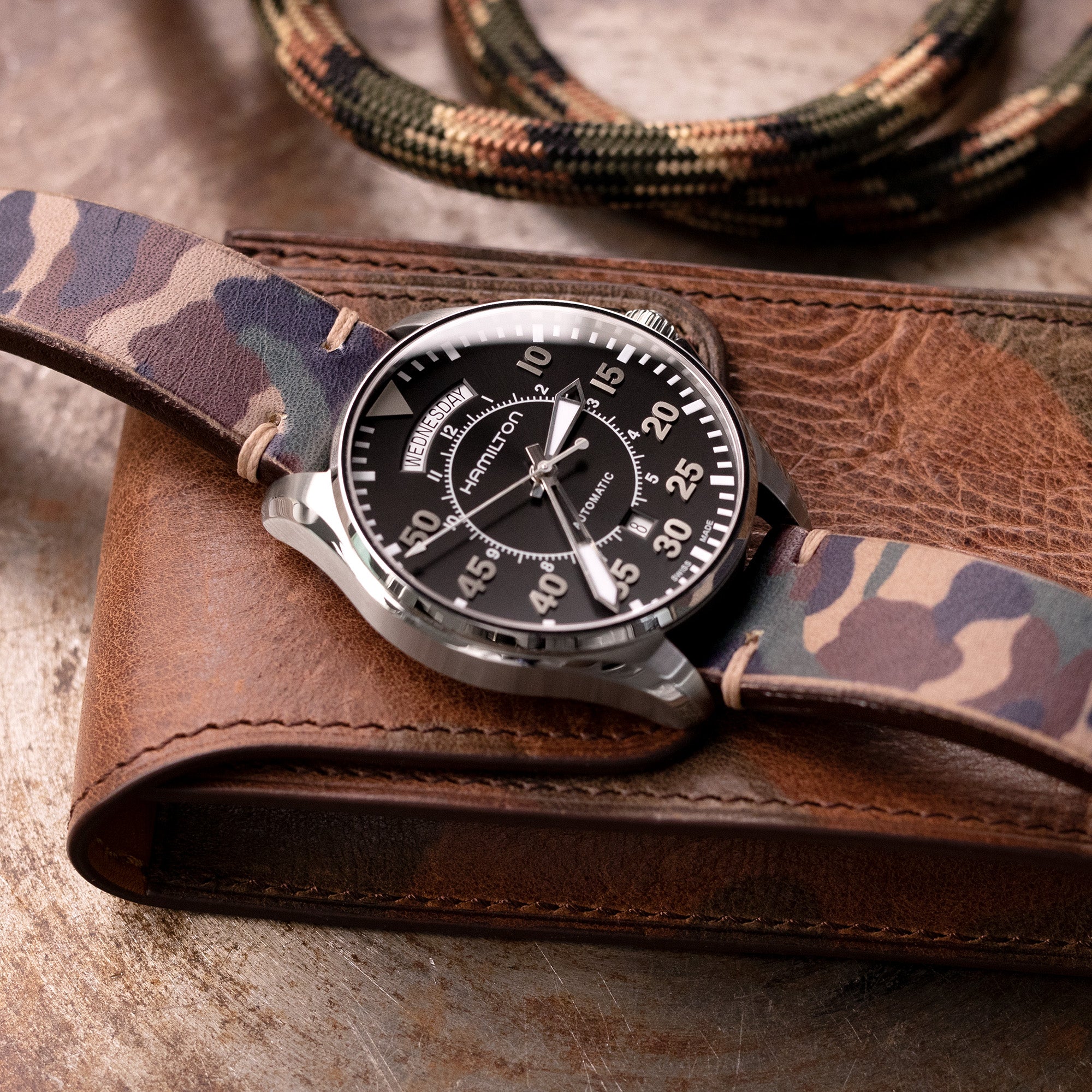 20mm MiLTAT Italian Handmade Camo Pattern Watch Strap, 16mm end, Khaki Stitching