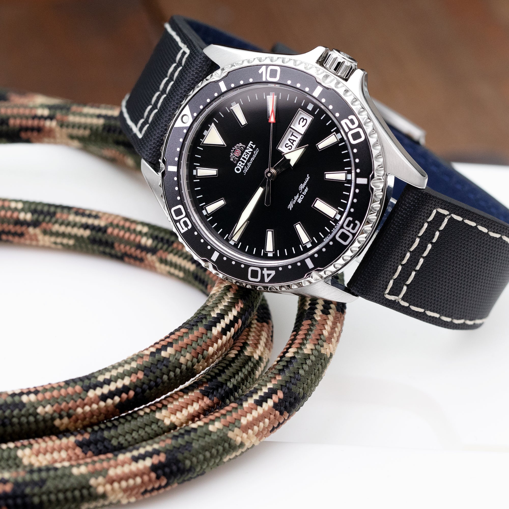 20mm to 23mm Pilot Black Woven Texture Watch Strap Beige Stitching Brushed Strapcode Watch Bands