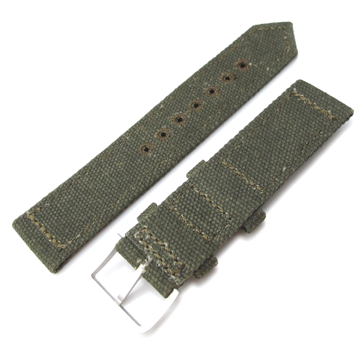 20mm, 21mm or 22mm MiLTAT WW2 2-piece Military Green Washed Canvas Armband with lockstitch round hole, Sandblasted