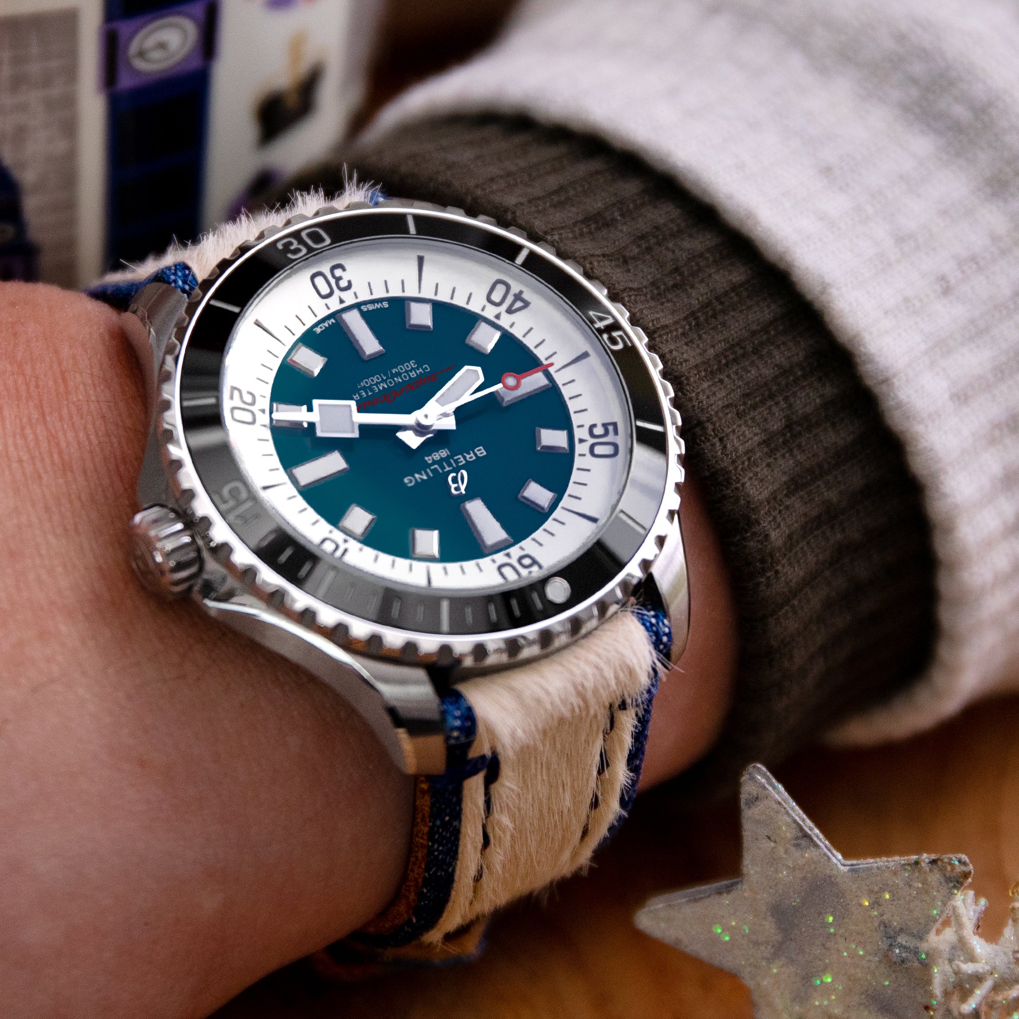 22mm MiLTAT Zizz Collection Beige Fur & Calf Watch Strap Blue Wax Hand Stitching Strapcode Watch Bands