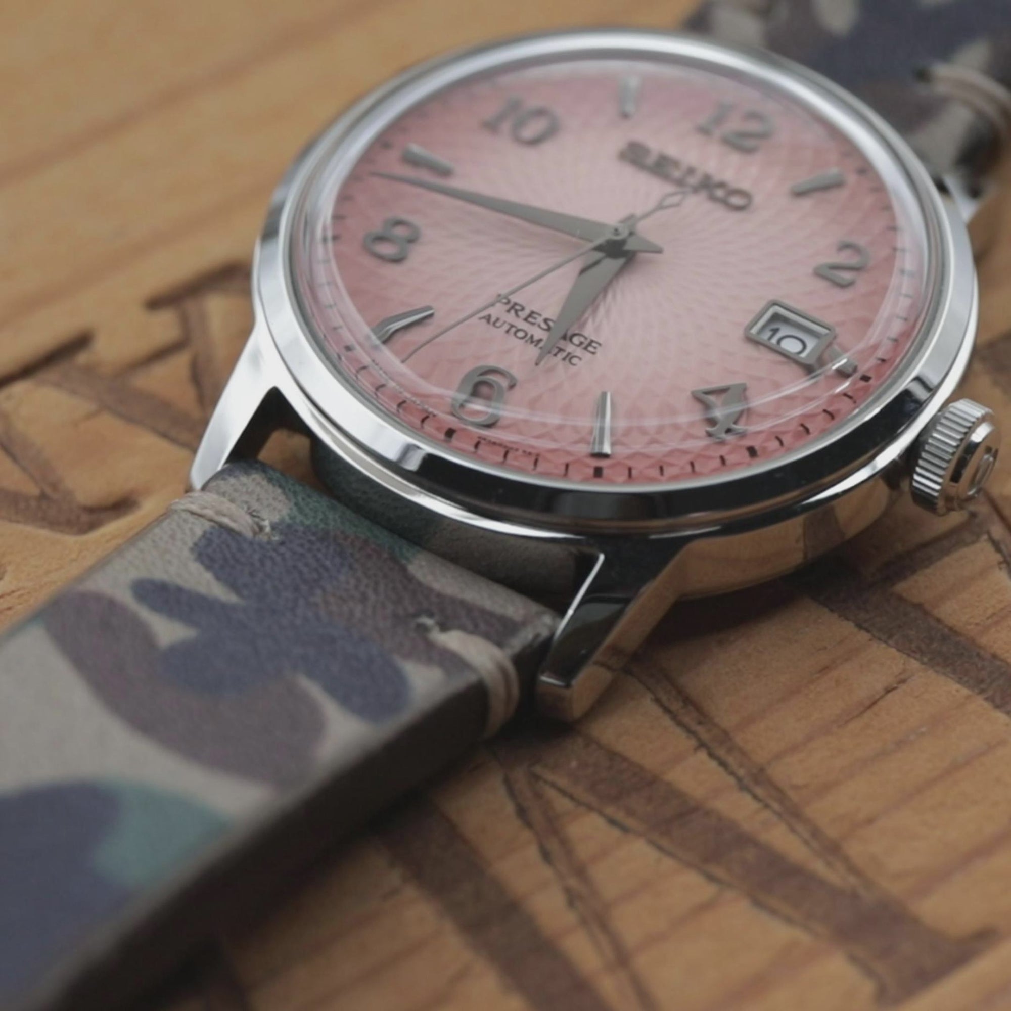 20mm MiLTAT Italian Handmade Camo Pattern Watch Strap, 16mm end, Khaki Stitching