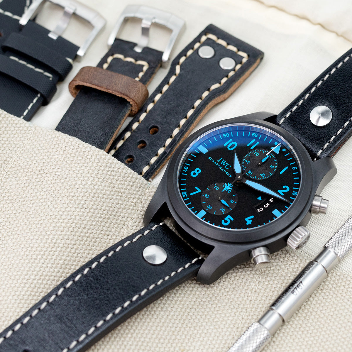 German made 22mm Sturdy Semi-gloss Black Saddle Leather with Rivet Watch Band Brushed Strapcode Watch Bands
