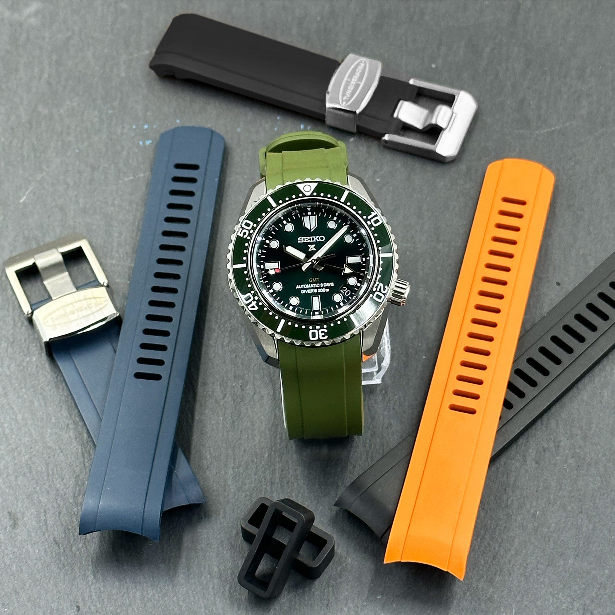 20mm Crafter Blue - Military Green Rubber Curved Lug Watch Strap compatible with Seiko Baby MM200 & Mini Turtles SRPC35