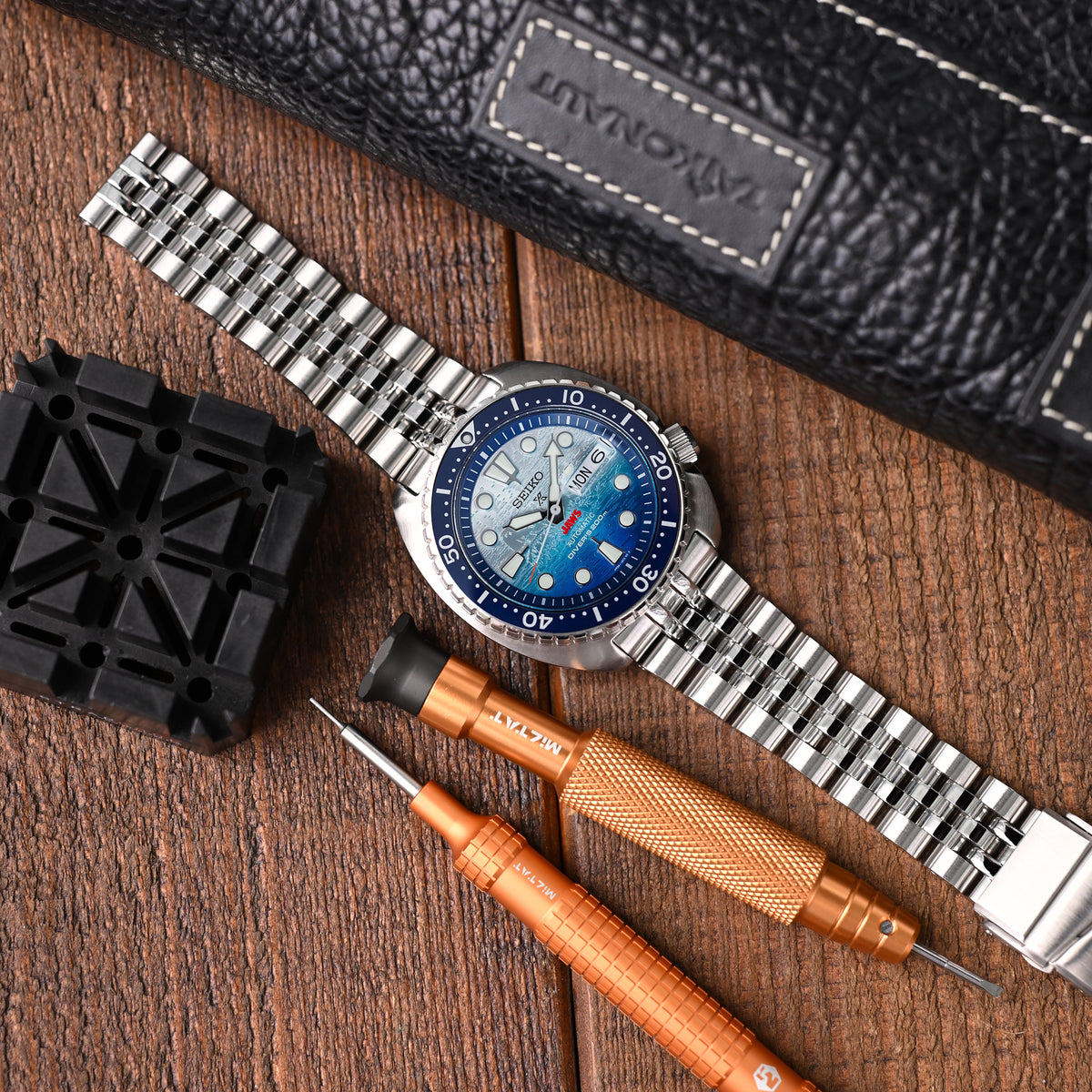 سوار ساعة أنغوس-جي لويس جوب 22 مم لساعات سيكو نيو تيرتلز SRP777 SRP775 SRPA21 (PADI)، ستانلس ستيل - تشطيب مطفي، وصلات وسطية لامعة، مشبك غطس V