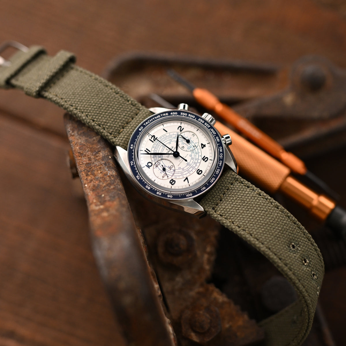 20mm, 21mm or 22mm MiLTAT WW2 2-piece Military Green Washed Canvas Armband with lockstitch round hole, Sandblasted