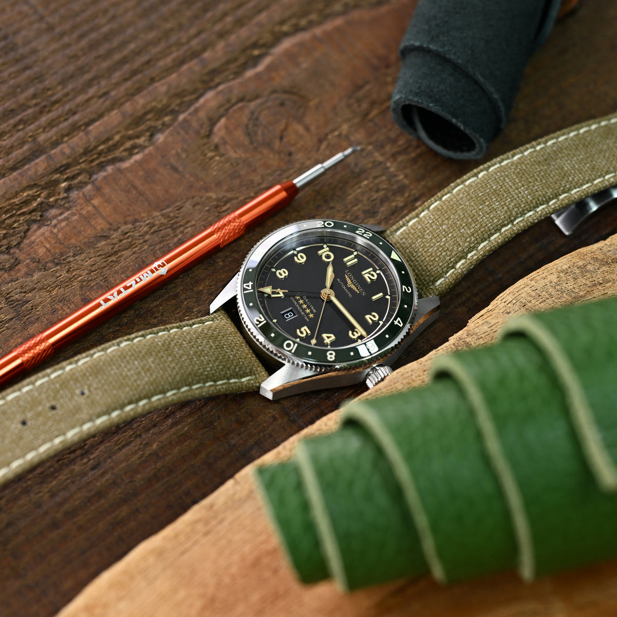 سوار ساعة كانفاس كاكي 20مم أو 22مم مع إبزيم رولر مطفي، خياطة بيج