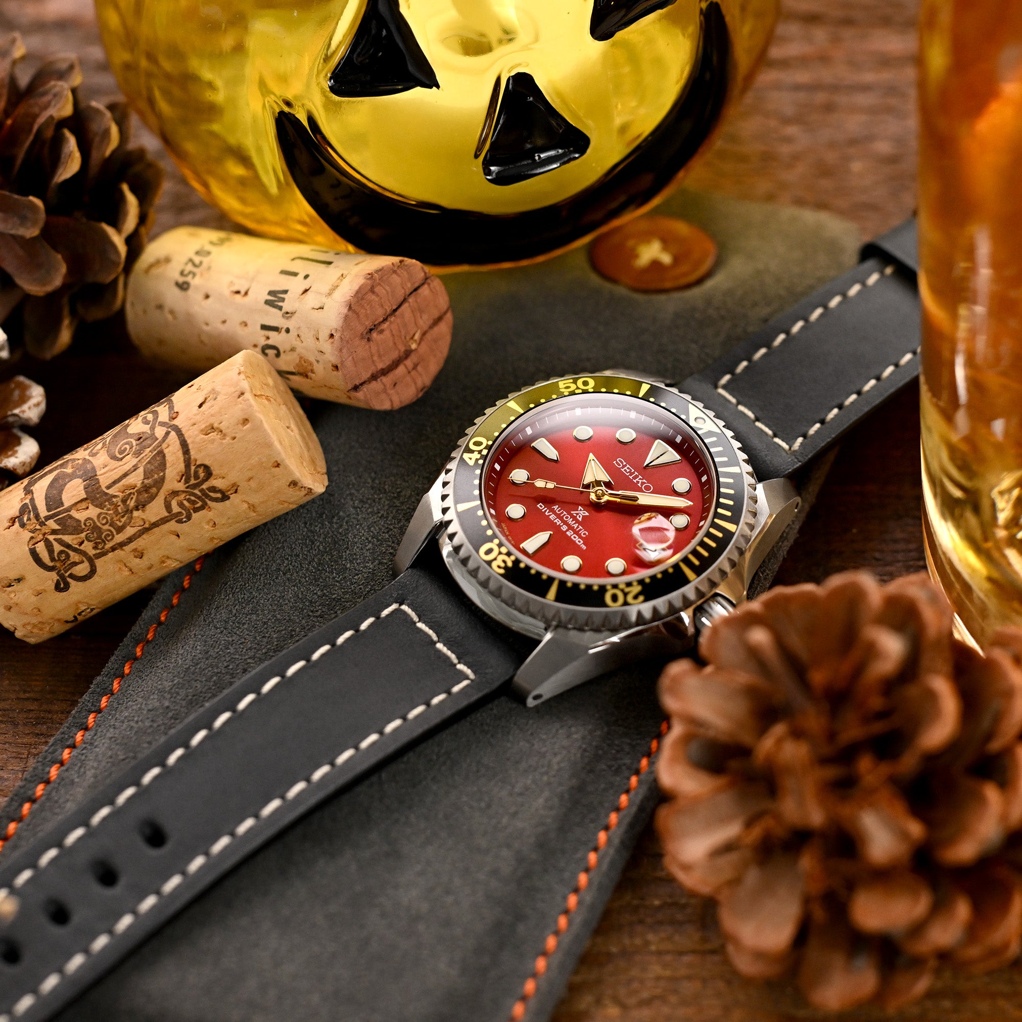 مجموعة بام، سوار ساعة من جلد بارينيا الفرنسي الأسود المصنوع يدويًا لبانيراي، مع خياطة بيج