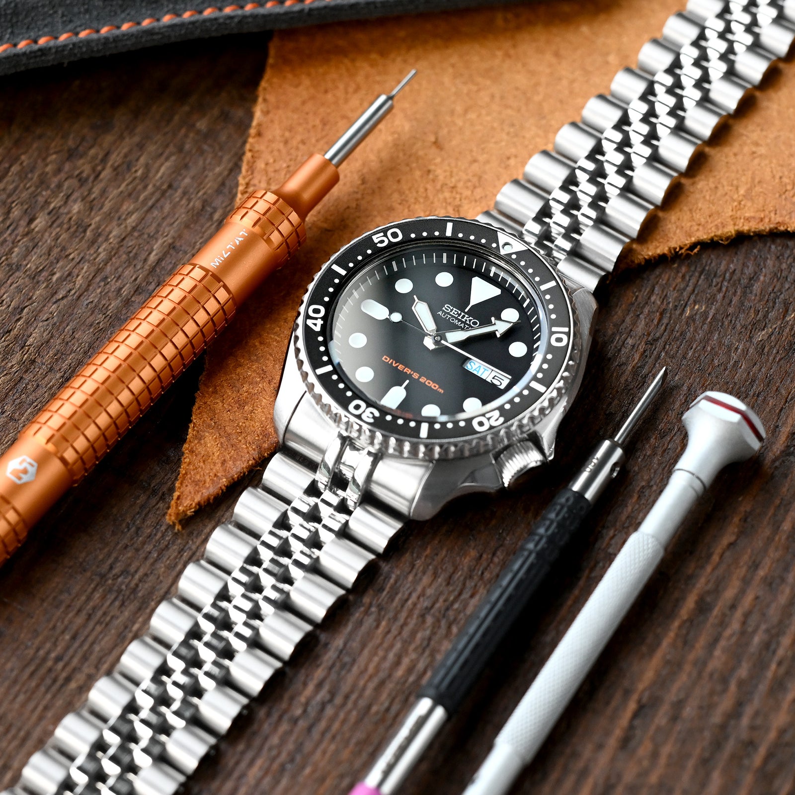 سوار ساعة 22 مم سوبر-J لويس JUB لساعات سيكو SKX007 وSKX009 وSKX011، ستانلس ستيل - تشطيب مطفي، وصلات وسطية لامعة، مشبك غطس