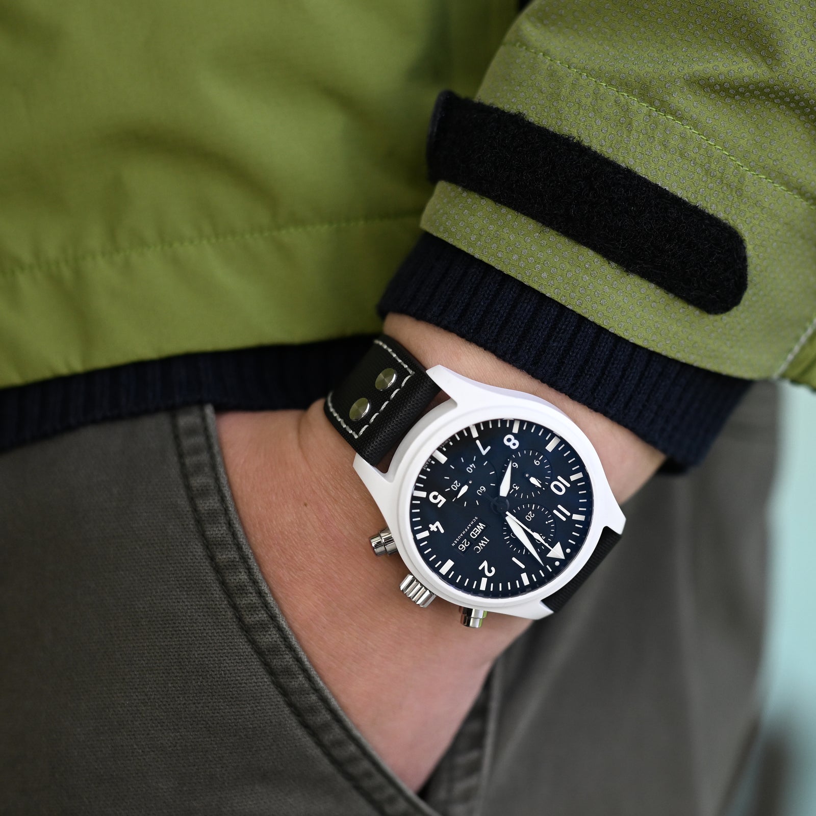 20mm to 23mm Pilot Black Woven Texture Rivet Lug Watch Strap Beige Stitching Brushed Strapcode Watch Bands