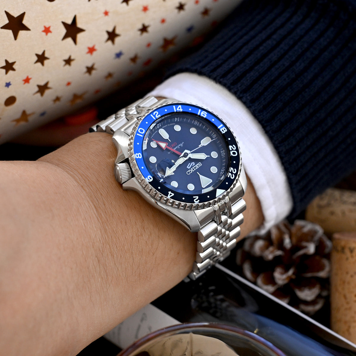 سوار ساعة سوبر-J لويس JUB مقاس 22 مم لساعات Seiko 5 Sports GMT SSK001 SSK003 SBSC003، من الستانلس ستيل - مطفي مع وسط لامع، مشبك غطاس V