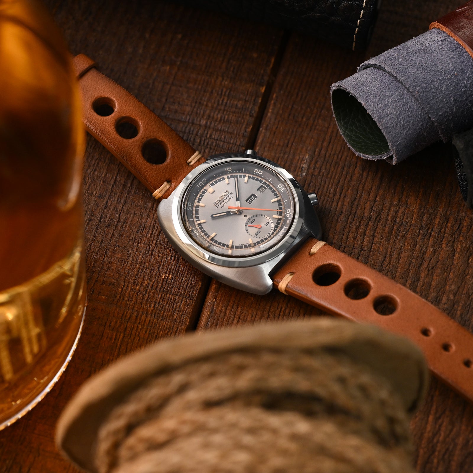 Q.R. 19mm or 20mm Brown Leather Italian Handmade Racer Watch Band, Beige Stitch. Strapcode Watch Bands