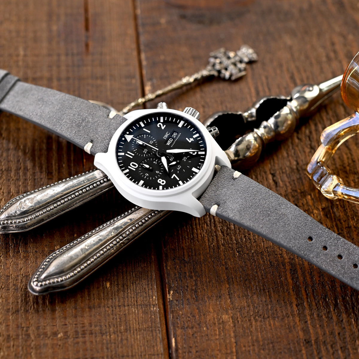 Q.R. Grey Suede watch strap 19mm to 22mm Leather Watch Band Beige Stitch.