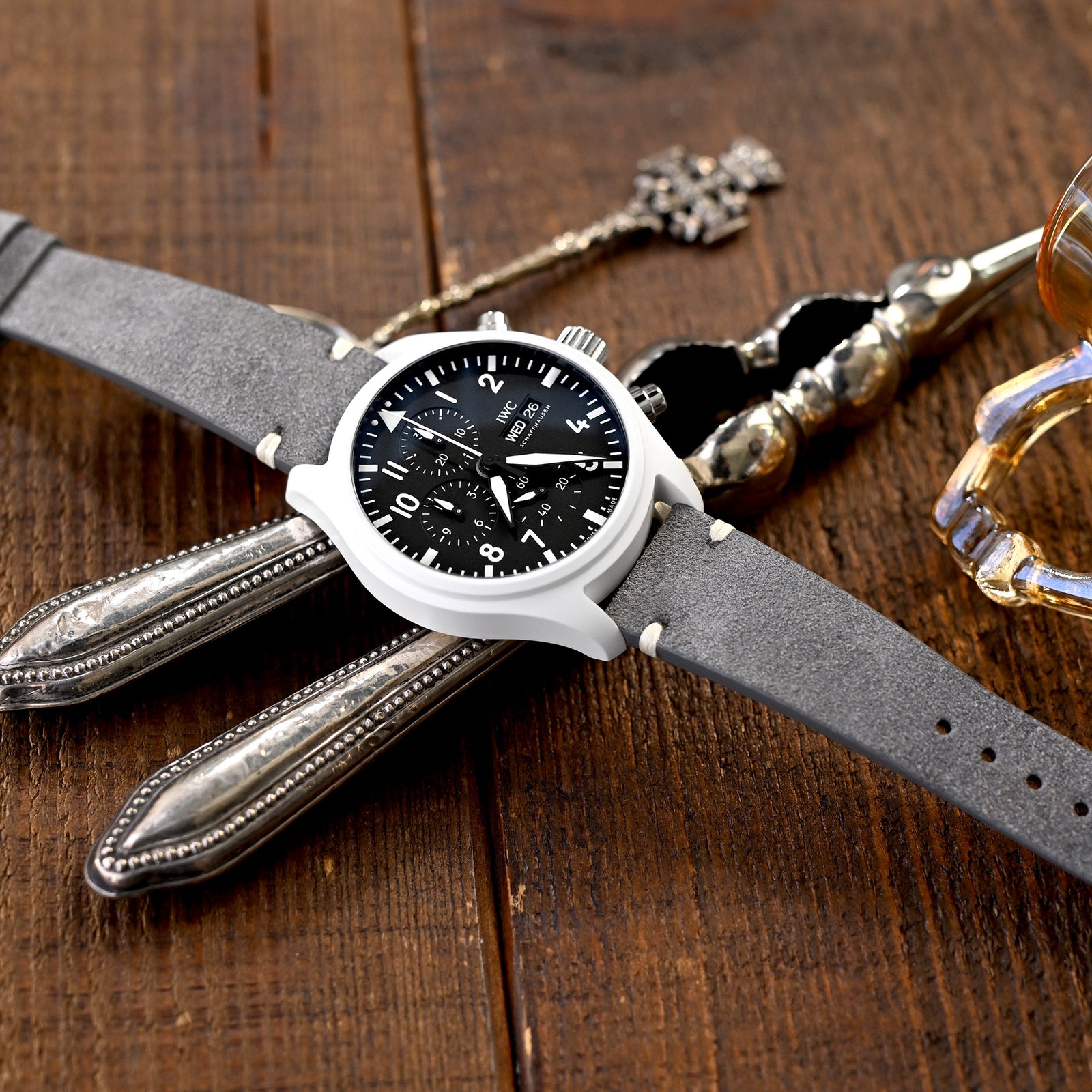 Q.R. Grey Suede watch strap 19mm to 22mm Leather Watch Band Beige Stitch. Strapcode Watch Bands