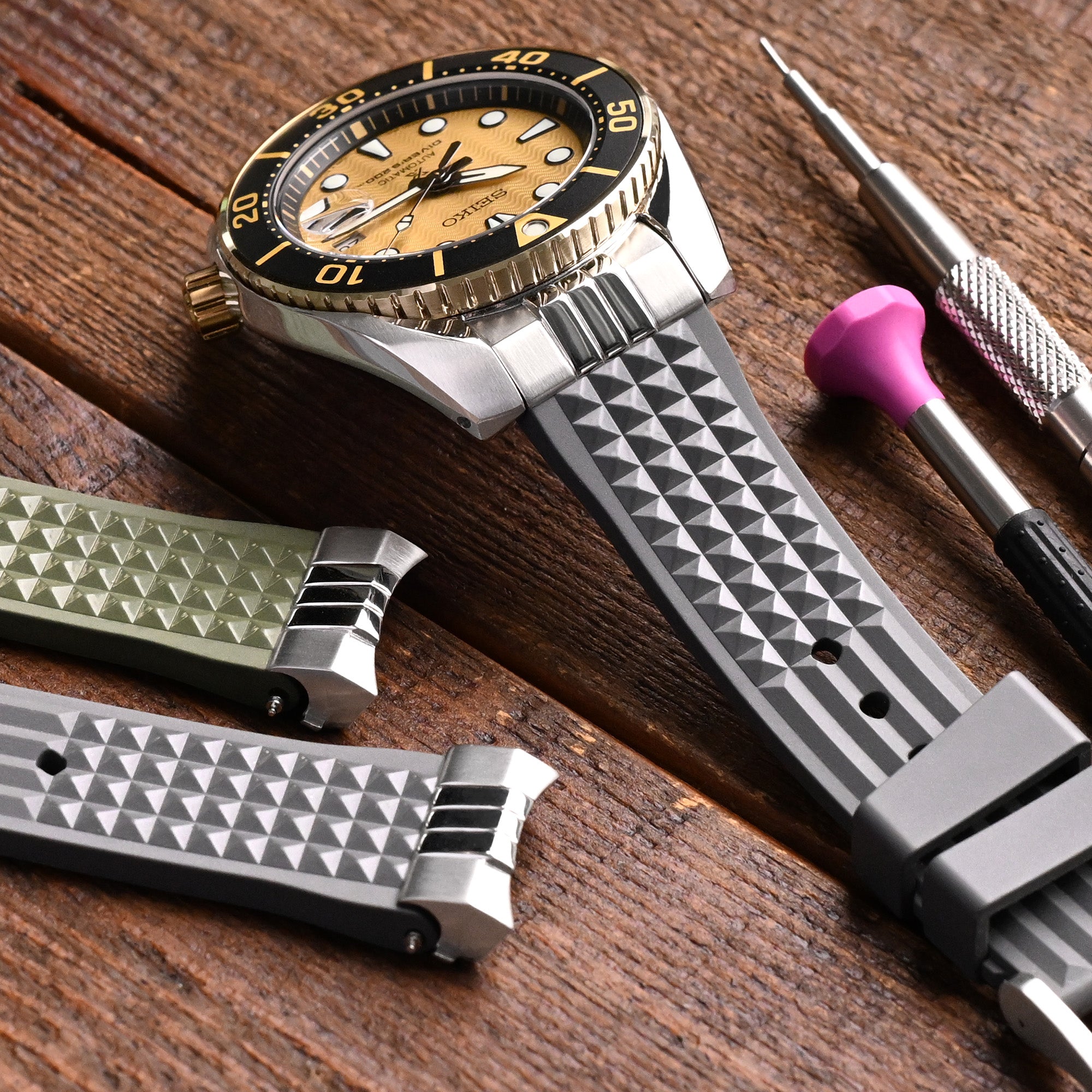 Chaffle Military Grey FKM Rubber + Add-on End Piece watch strap for Seiko Sumo SPB103 Strapcode Watch Bands