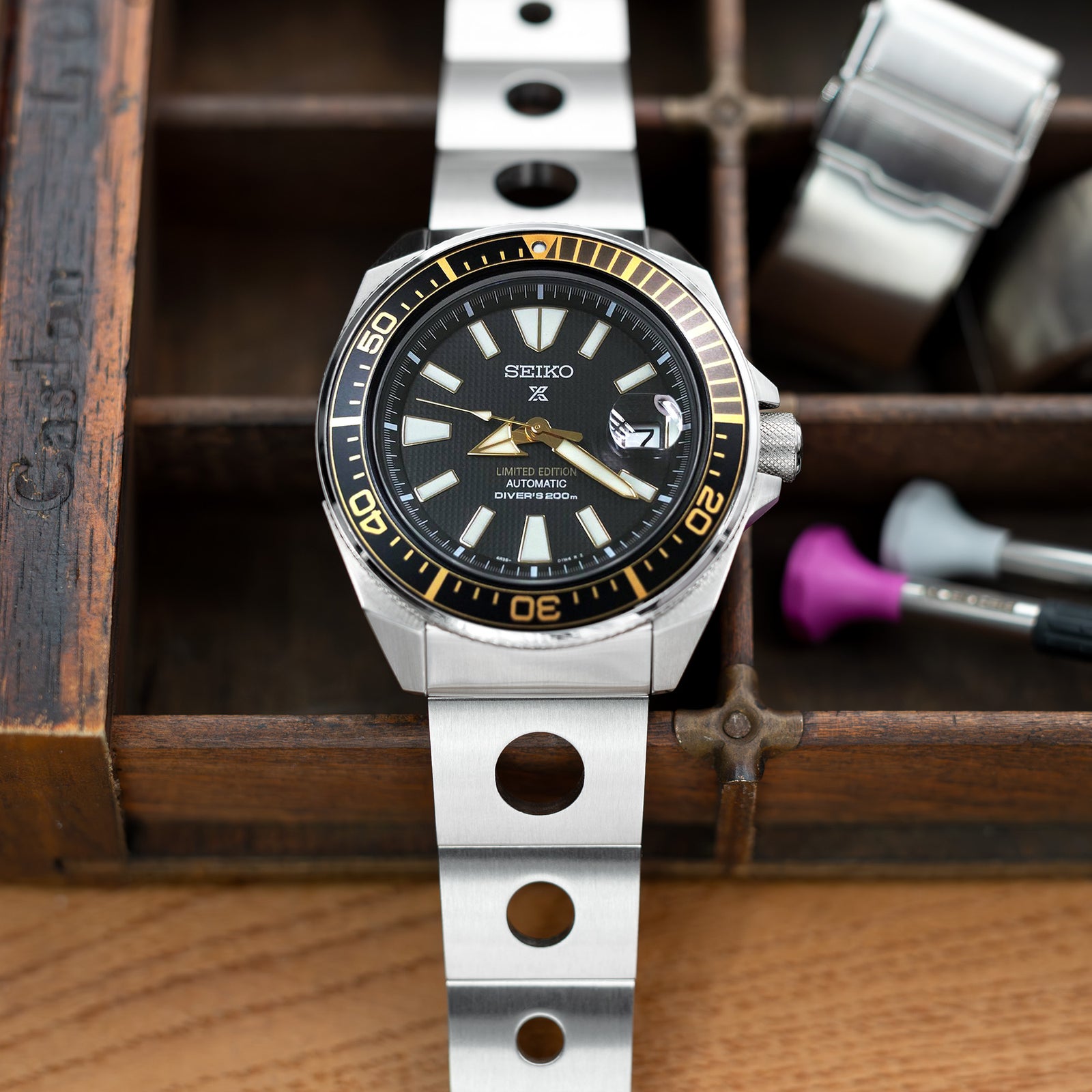 22mm Rollball version II Watch Band for Seiko Samurai SRPB51, 316L Stainless Steel Brushed Baton Diver Clasp Strapcode Watch Band