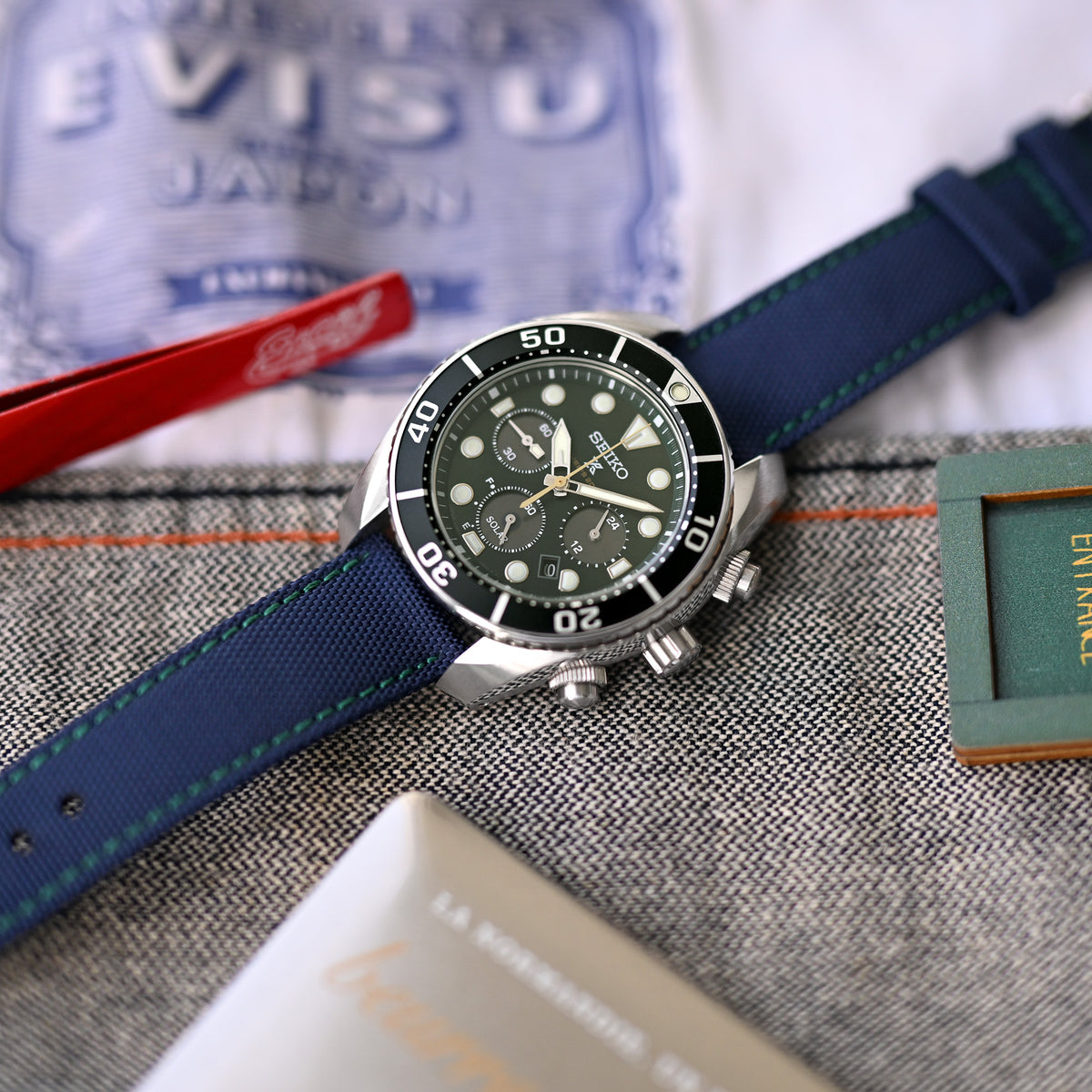 20mm Sailcloth Strap Navy Blue Quick Release Nylon Watch Band, Green Stitching