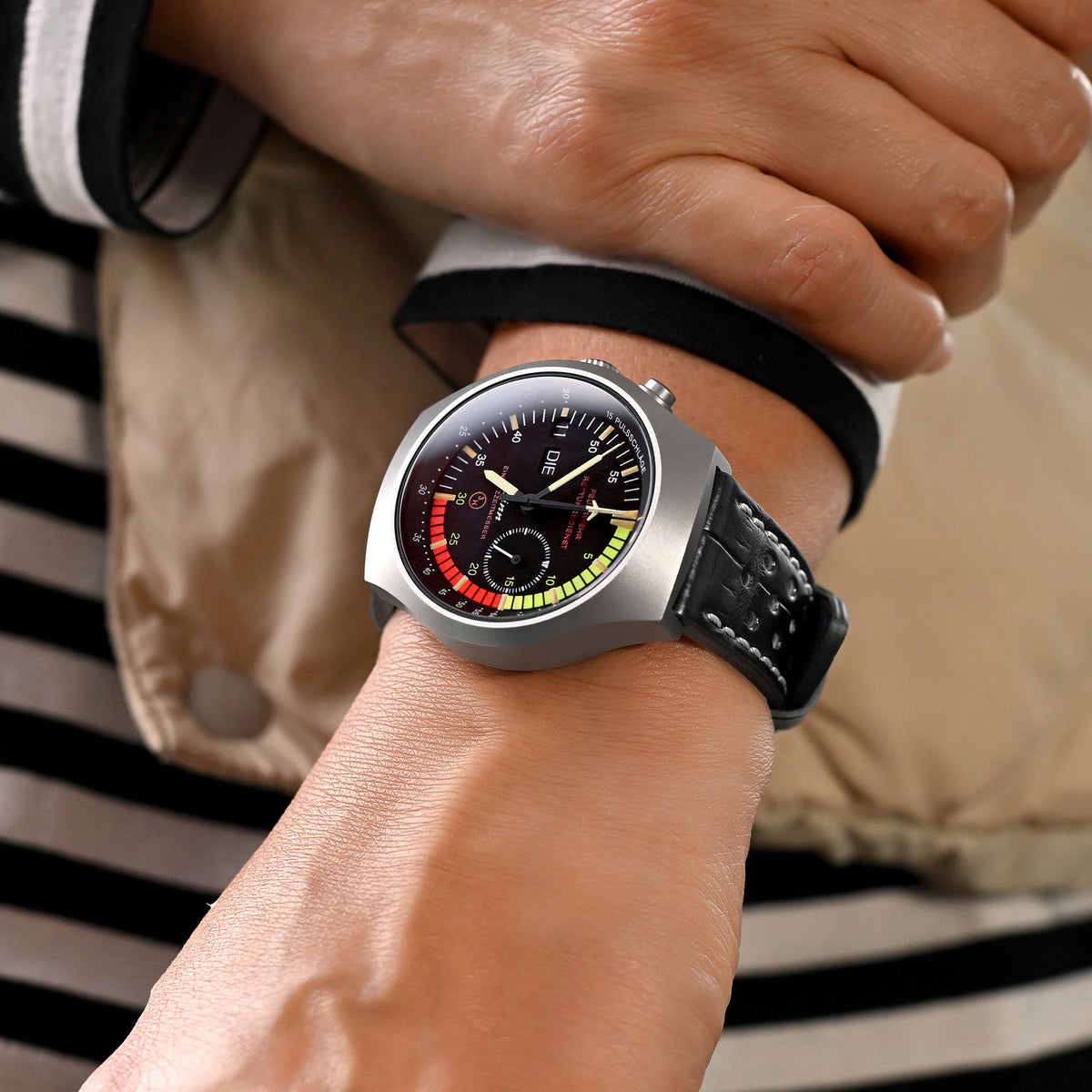 20mm MiLTAT Rally Racing Genuine Alligator Black Watch Strap, Beige Stitching