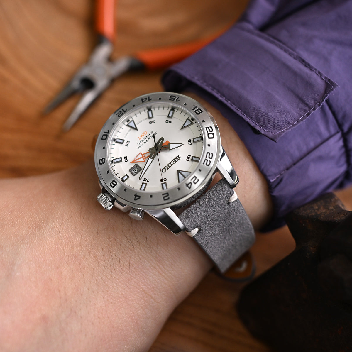 Q.R. Grey Suede watch strap 19mm to 22mm Leather Watch Band Beige Stitch.