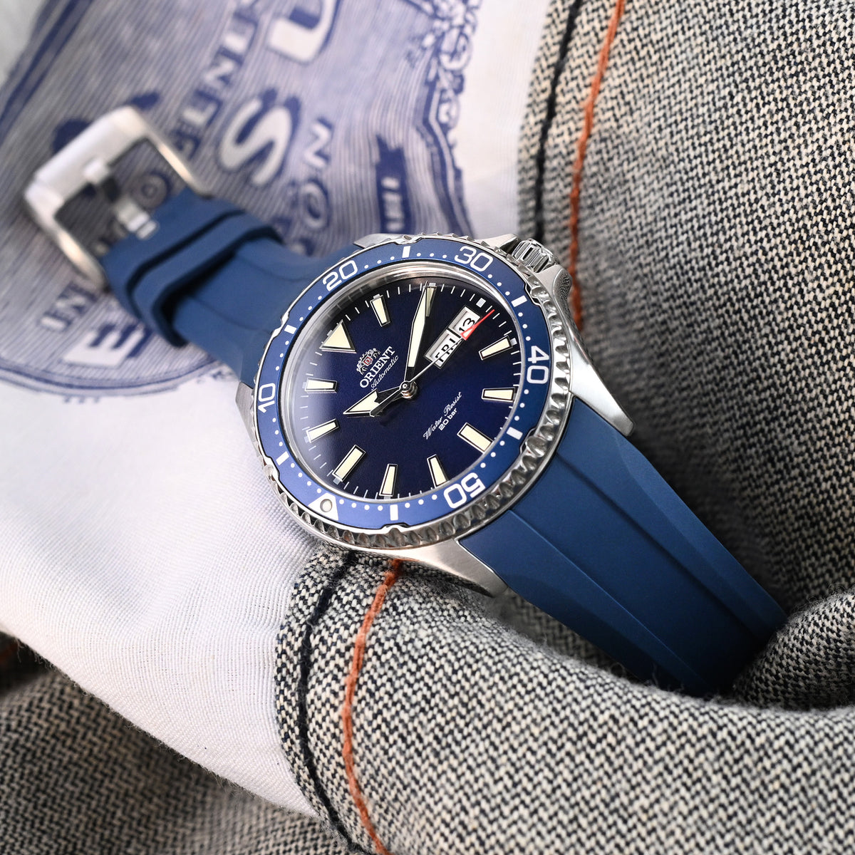 Wheels FKM Watch Band for Orient Kamasu, 22mm Navy Blue Rubber Quick Release Curved End