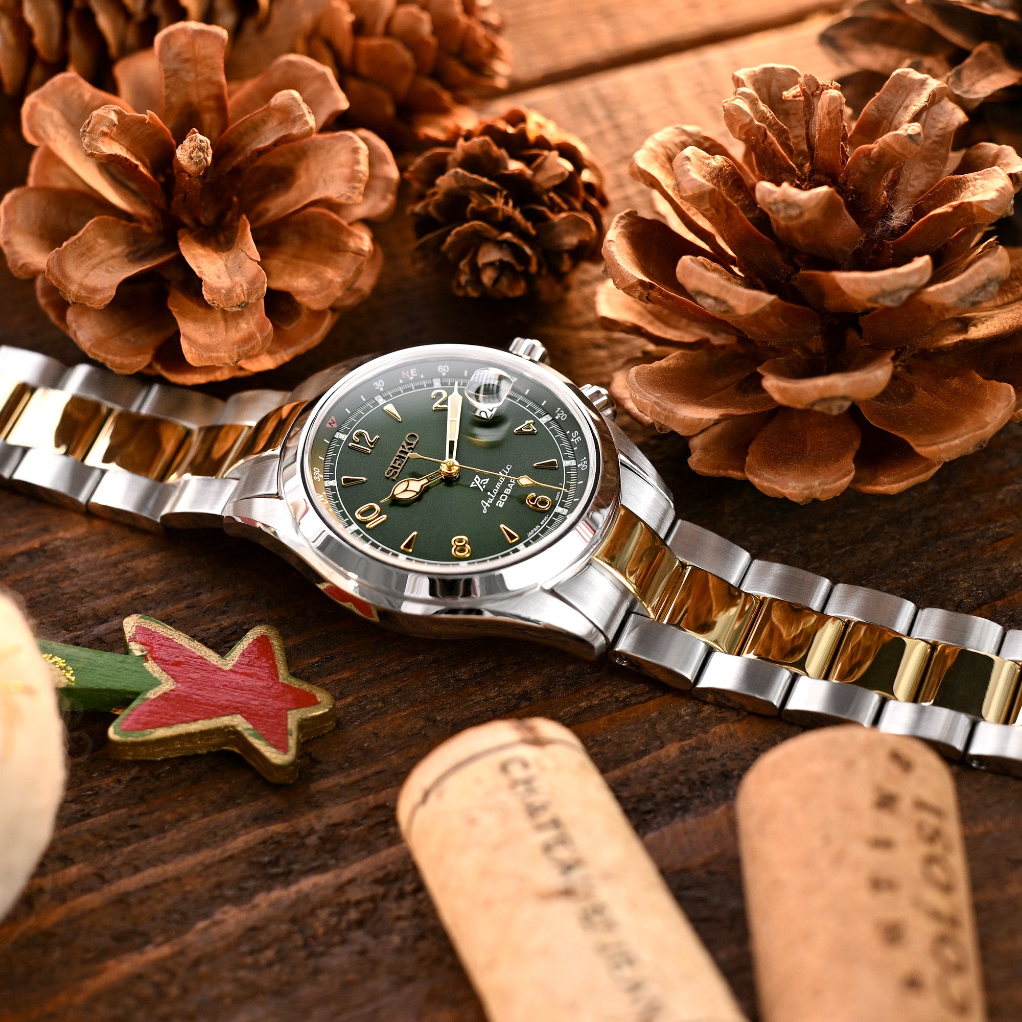 سوار ساعة Super-O Boyer مقاس 20 مم متوافق مع Seiko Alpinist SARB017، إبزيم SUB صلب بلونين مع طلاء ذهبي IP