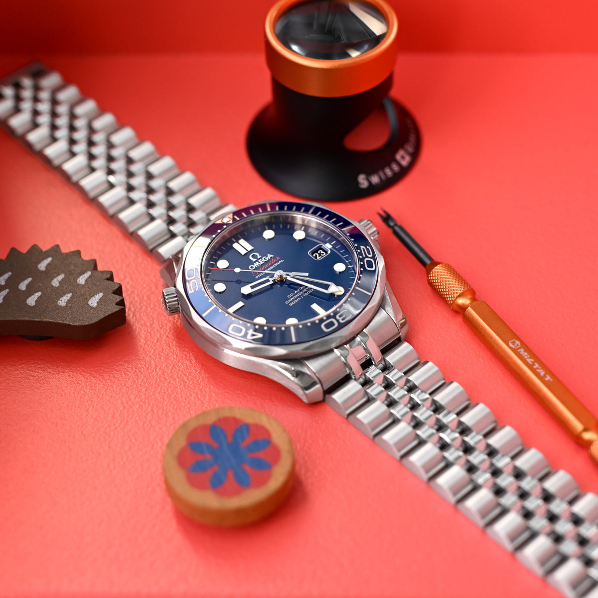 سوار ساعة سوبر-J لويس 20 مم متوافق مع أوميغا سيماستر 41 مم، فولاذ مقاوم للصدأ 316L بمشبك V مصقول