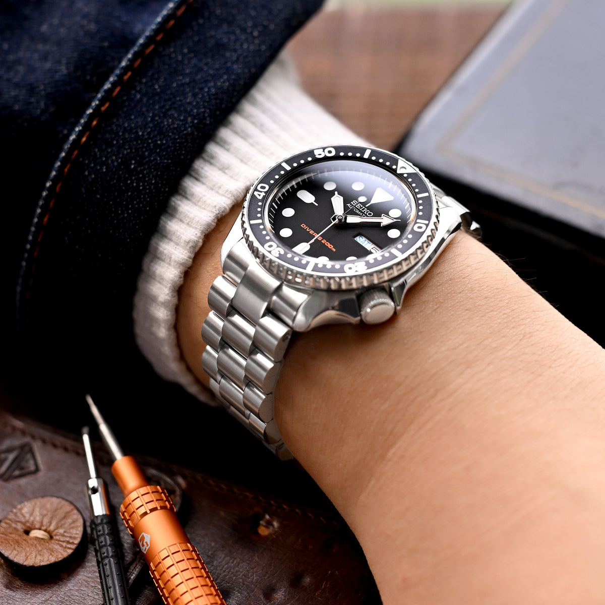 سوار ساعة Endmill مقاس 22 مم لساعات Seiko SKX007 و SKX009 و SKX011، من الستانلس ستيل المصقول، مع مشبك غطس