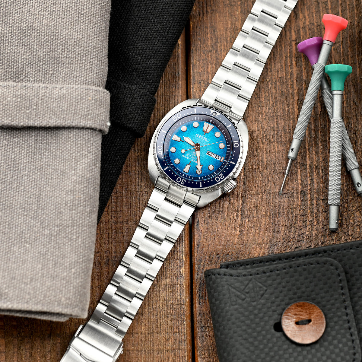 سوار ساعة Super-O Boyer مقاس 22 مم لساعات Seiko New Turtles SRP777 SRP775 SRPA21 (PADI)، من الستانلس ستيل المصقول، مع مشبك V Diver