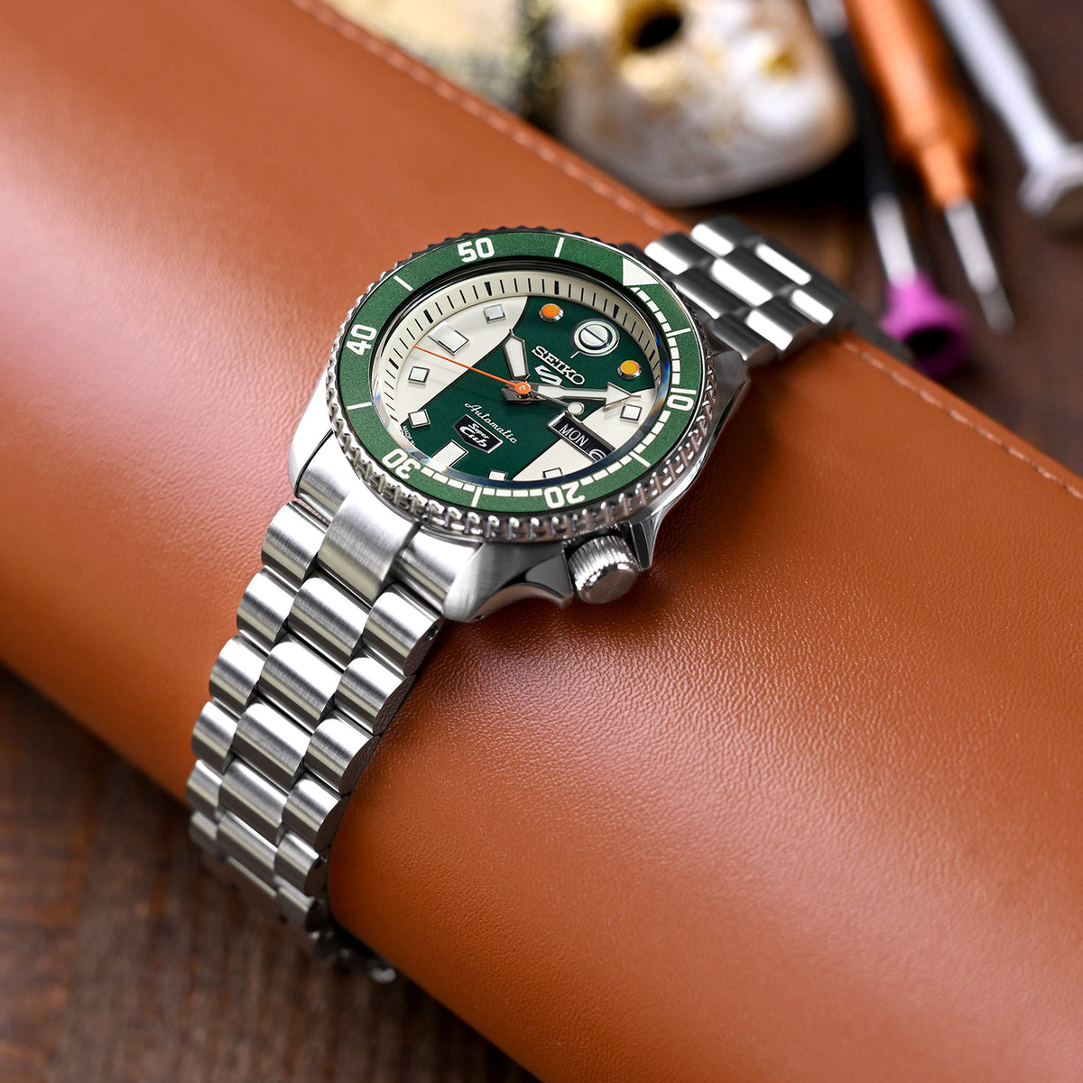 سوار ساعة Endmill مقاس 22 مم لساعات Seiko 5 Sports 42.5 مم SRPD51 SRPD55 SBSA003، من الستانلس ستيل المصقول، مع مشبك V Diver