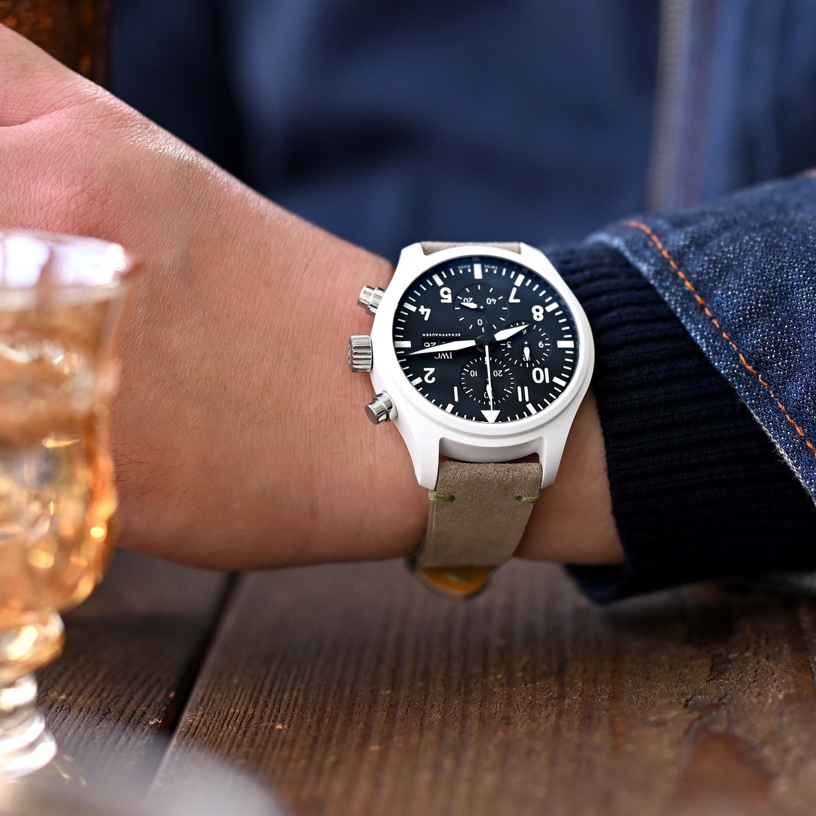 Q.R. Tan / Khaki Suede watch strap 19mm to 21mm Leather Watch Band Green Stitch. Strapcode Watch Bands