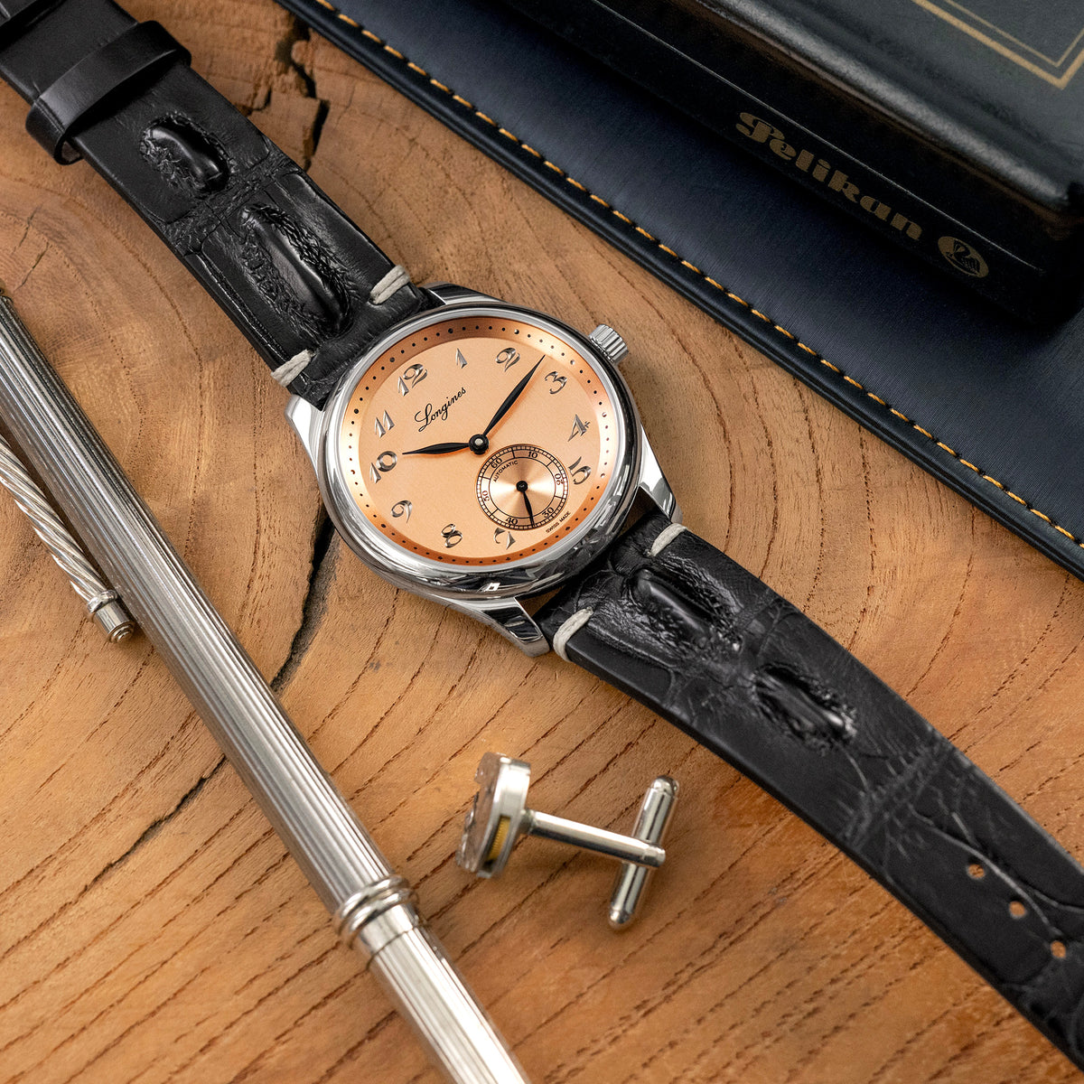Correa de reloj negra de caimán Hornback italiana hecha a mano, costura beige, hebilla P, 20mm o 22mm