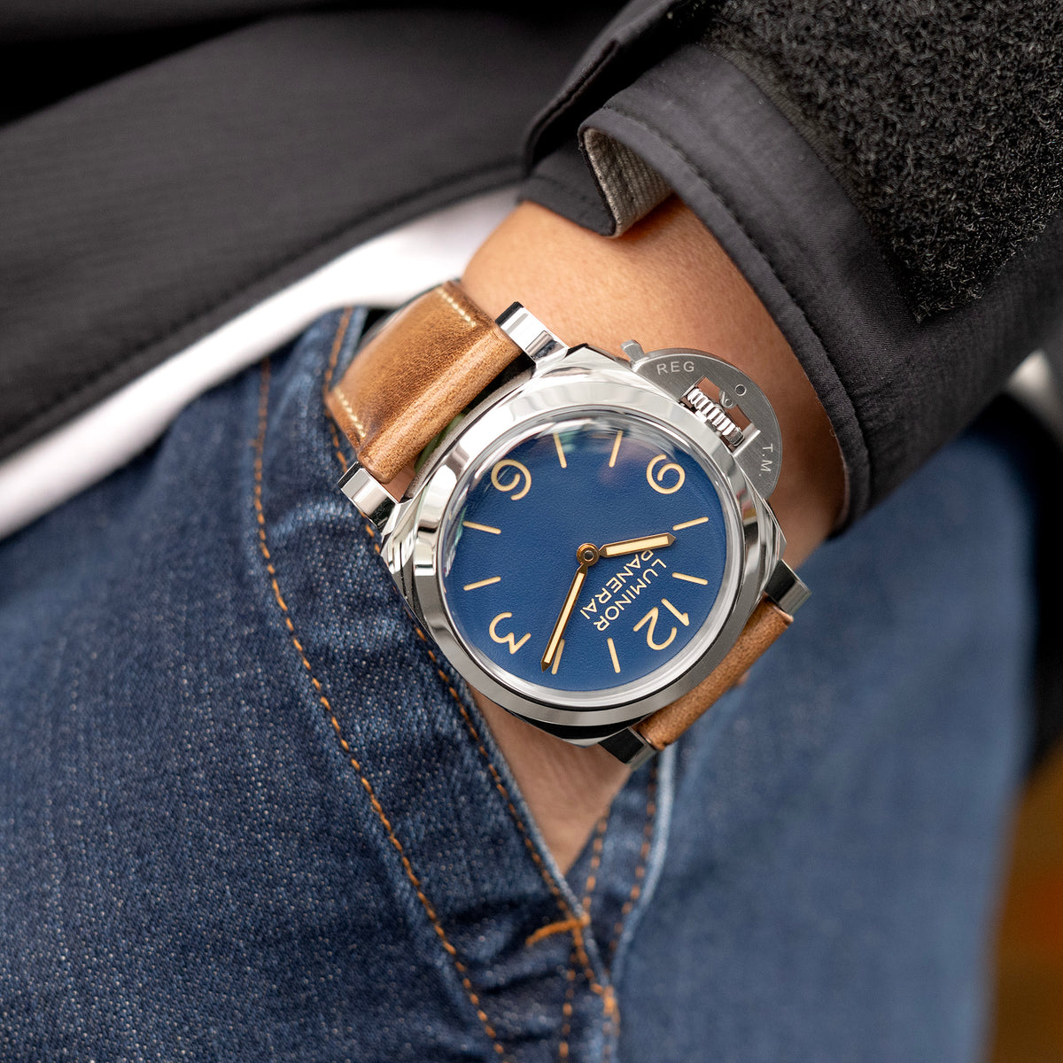 Colección Pam, Correa de reloj de cuero Horween Chromexcel marrón vintage para Panerai, costuras beige