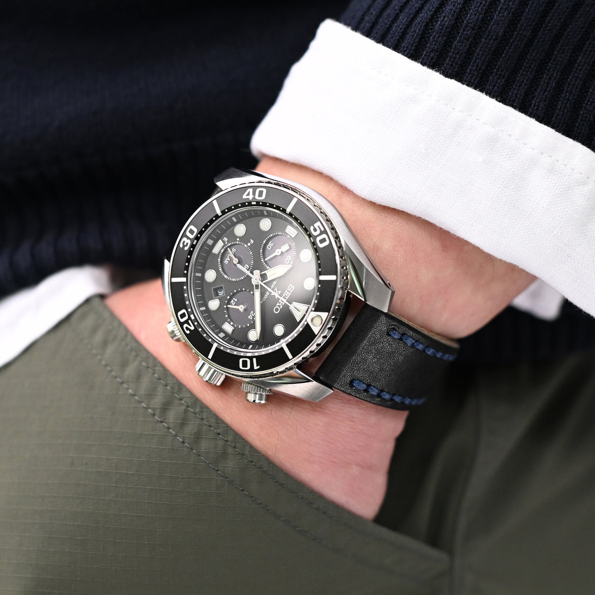 20mm Black Griffon One-Piece Handcrafted Italian Leather Watch Band, Blue Stitch