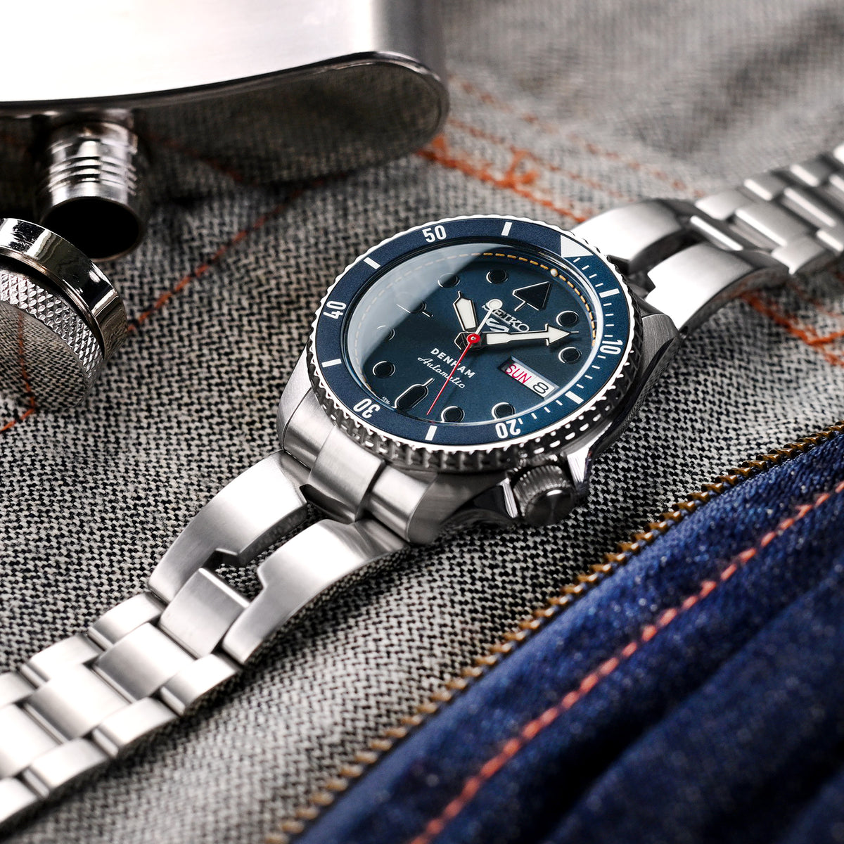 سوار ساعة شفرة حلاقة عتيق 22 مم لساعات Seiko 5 Sports 42.5 مم SRPD51 SRPD55 SBSA003، ستانلس ستيل مصقول، مشبك غطس V