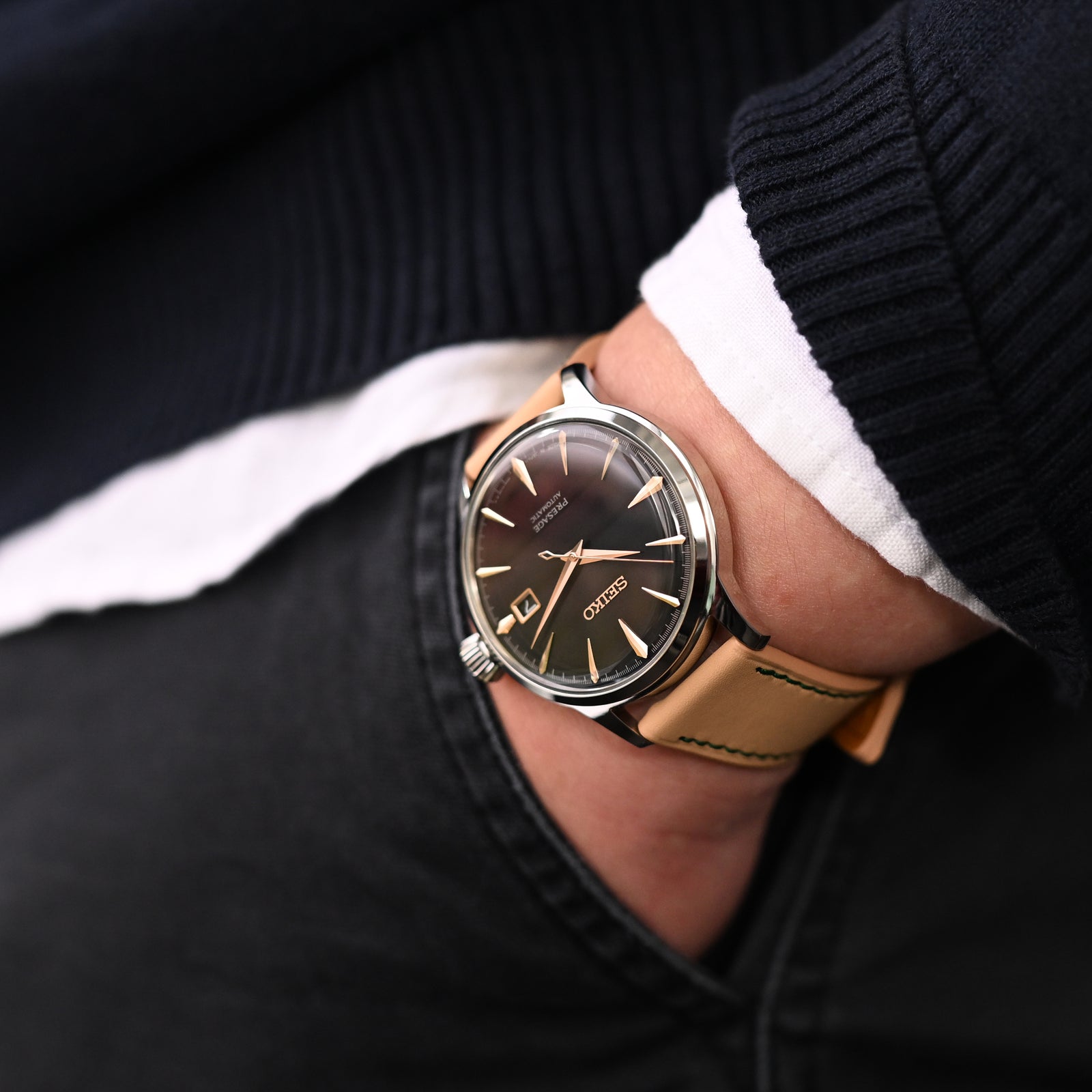 Q.R. 20mm Beige Tapered Leather Watch Band, Forest Green Stitching + Zermatt Strapcode Watch Bands