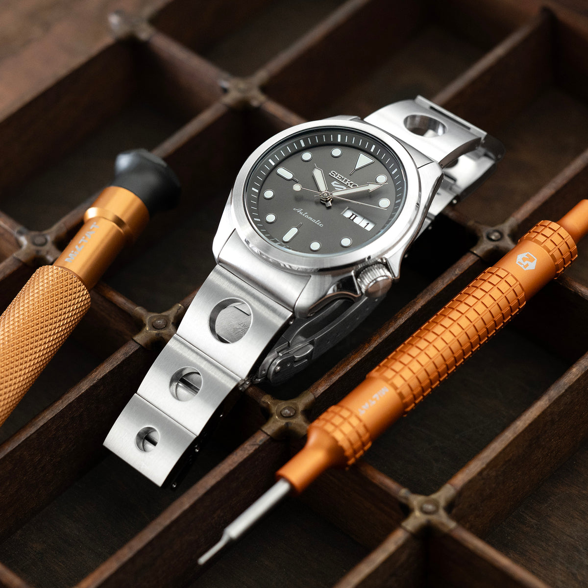 سوار ساعة رولبول 20 مم II لساعات سيكو 5 سبورتس 40 مم SRPE51 SRPE53 SRPG35، ستانلس ستيل - مصقول، مشبك غطاس باتون