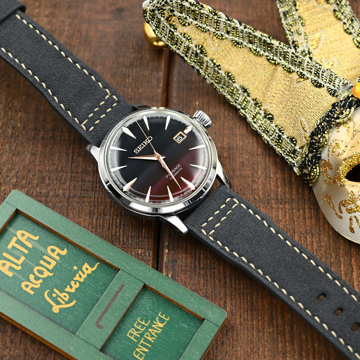 Charcoal Black Alcantara Fabric Quick Release Watch Band, Beige Stitching, 20mm, 21mm or 22mm