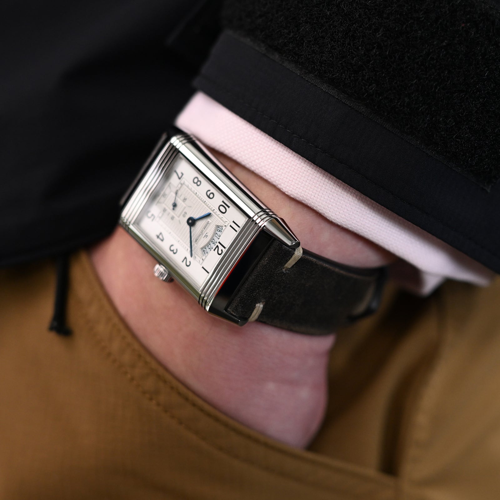 Q.R. 22mm Vintage Black Italian Handmade Leather Watch Strap, Khaki Stitching