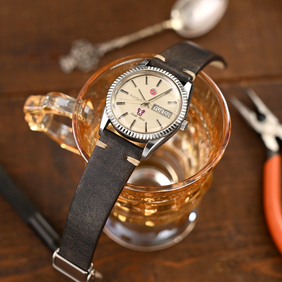 Q.R. 20mm Italian Handmade Blackish Brown Leather Watch Band, One-piece V-clasp, Beige St.