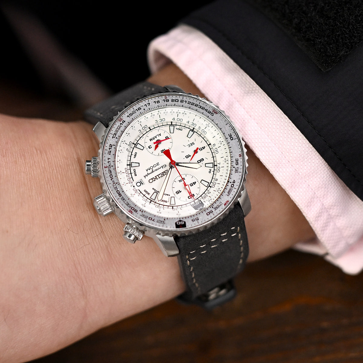 Charcoal Black Alcantara Fabric Quick Release Watch Band, Beige Stitching, 20mm, 21mm or 22mm