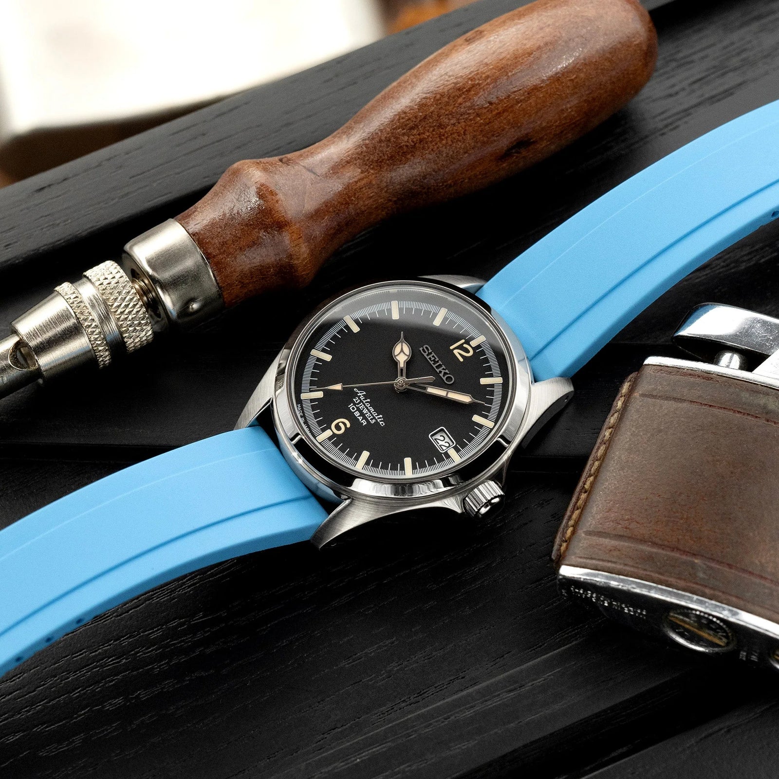 Quick Release FKM27 Sky Blue Titanium Slinea Clasp FKM Rubber watch strap, 20mm or 22mm Strapcode watch bands