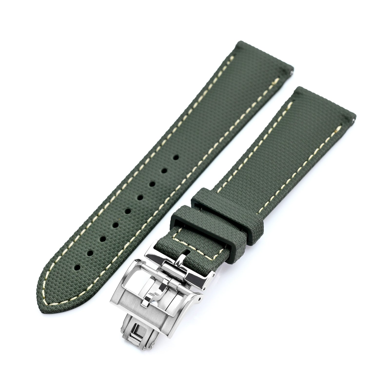 FKM39 Green Deployment FKM Rubber Watch Band Beige Stitch, 20mm or 23mmStrapcode watch bands