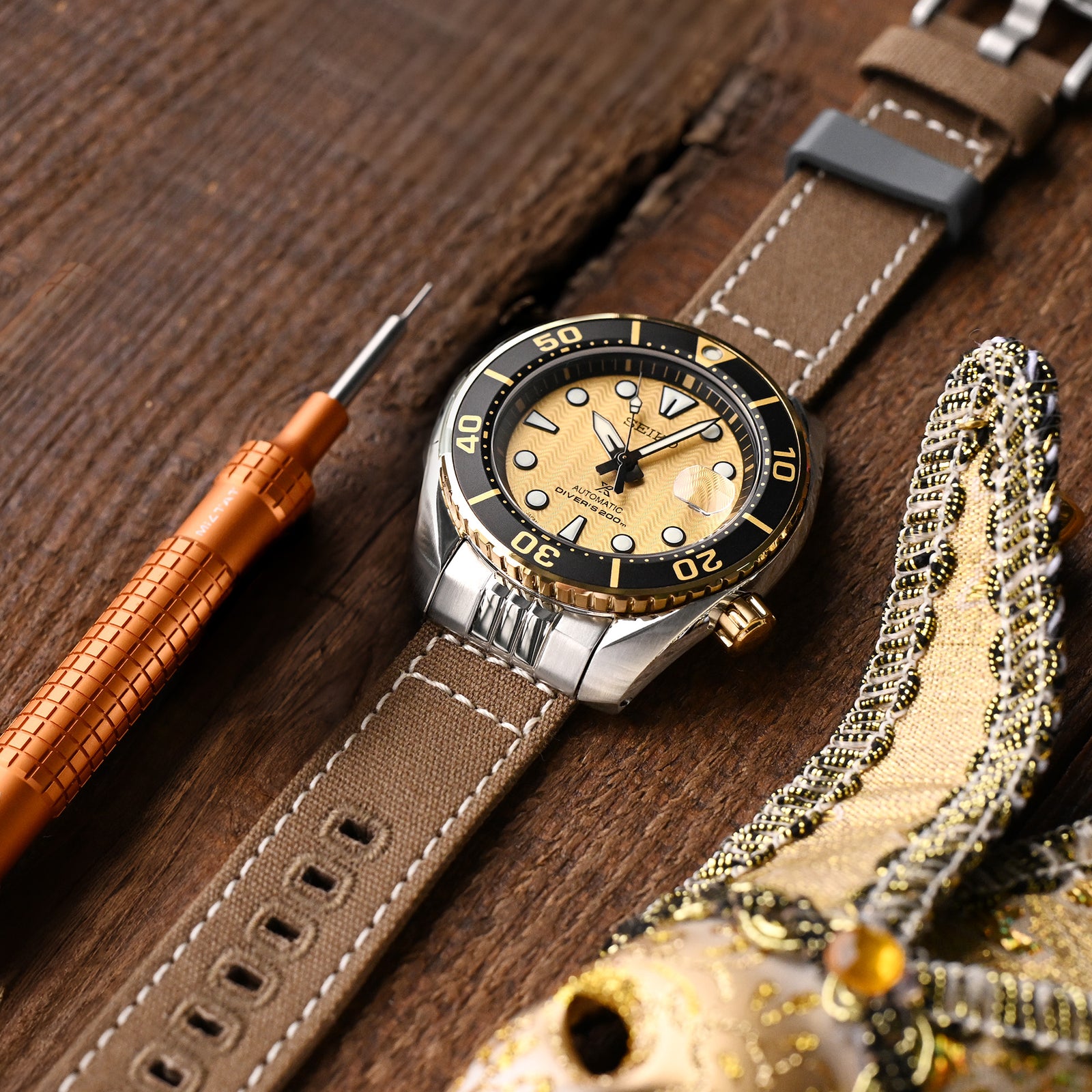 Tan Color Quick Release Canvas + Add-on End Piece watch strap for Seiko Sumo SPB103 Strapcode Watch Bands